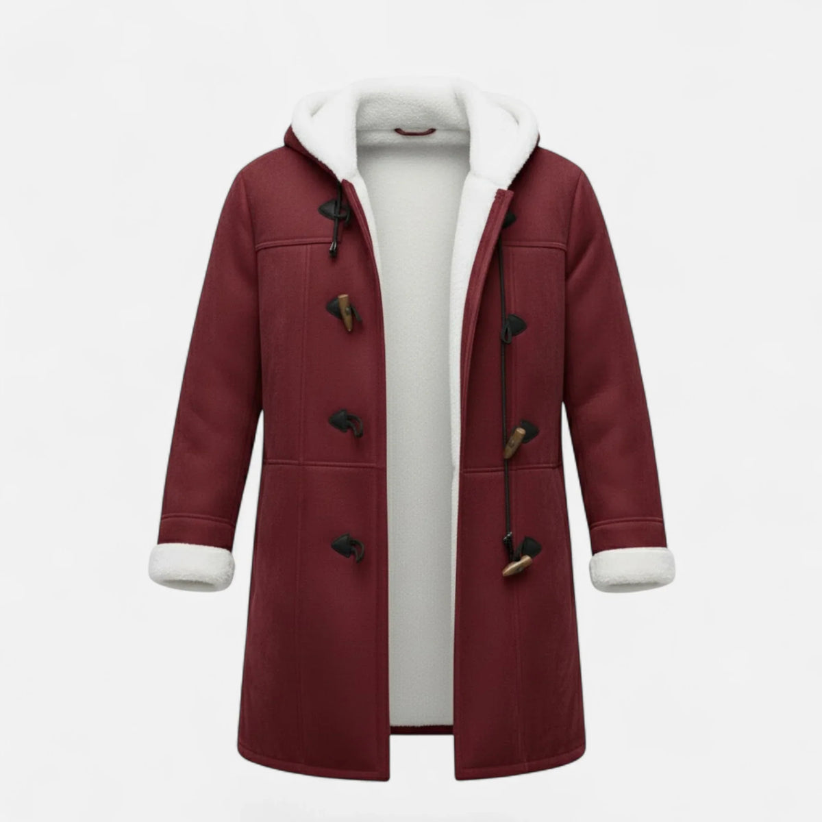 Women's Below-Knee Hooded Toggle Coat with Plush Trim in Wine Red