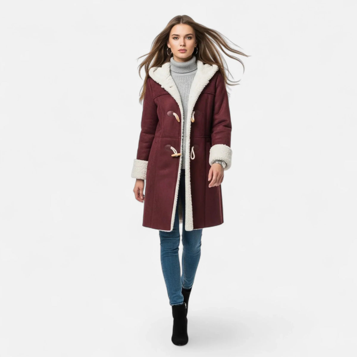 Women's Below-Knee Hooded Toggle Coat with Plush Trim, view 8