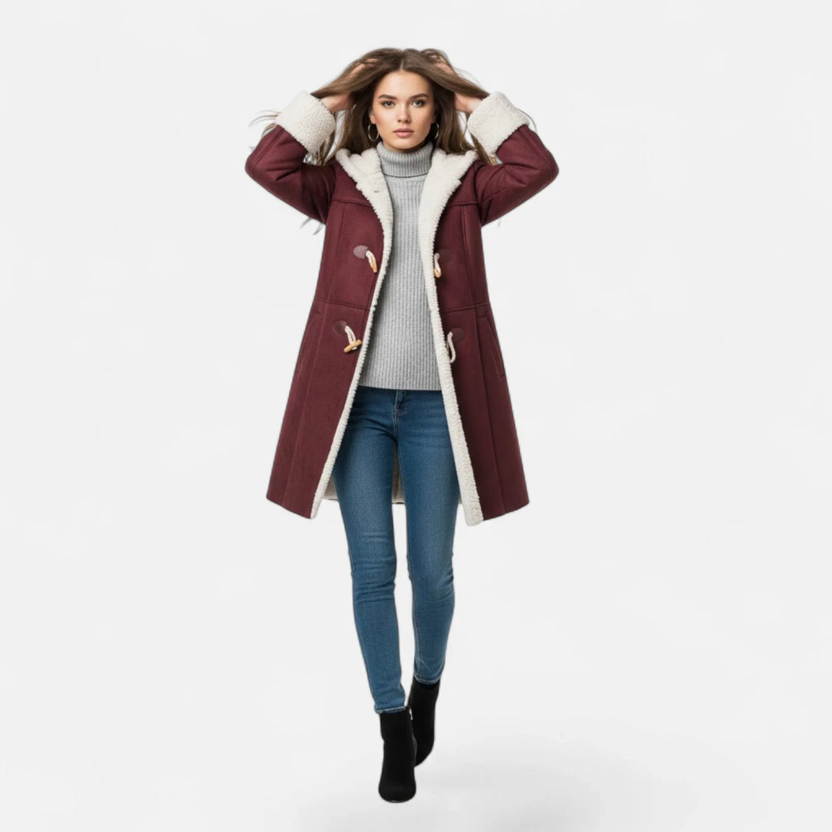 Women's Below-Knee Hooded Toggle Coat with Plush Trim, view 9