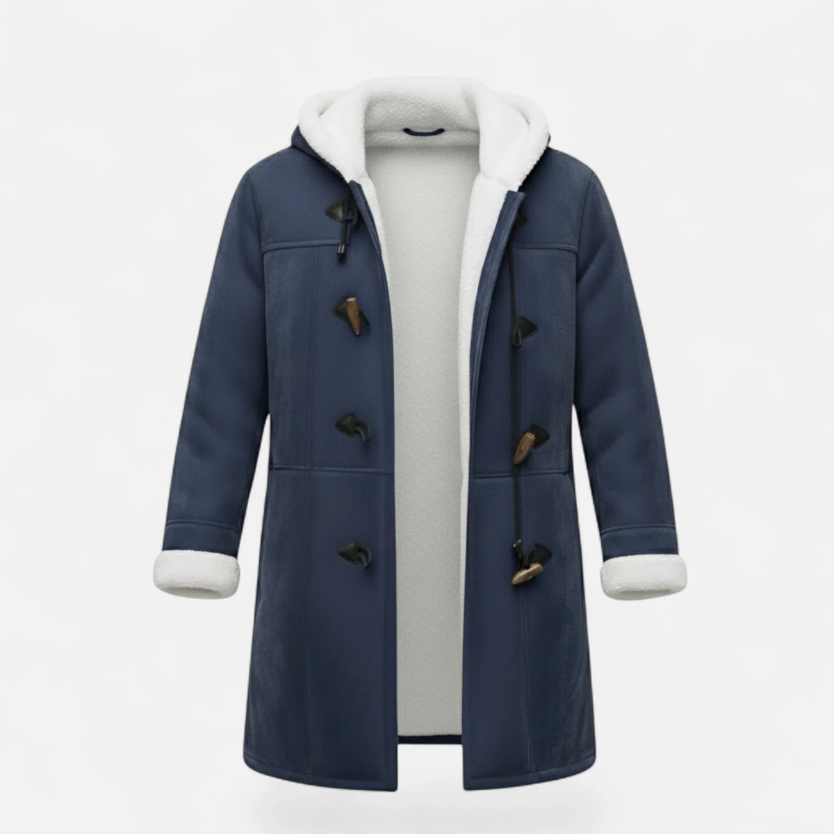 Women's Below-Knee Hooded Toggle Coat with Plush Trim in Navy
