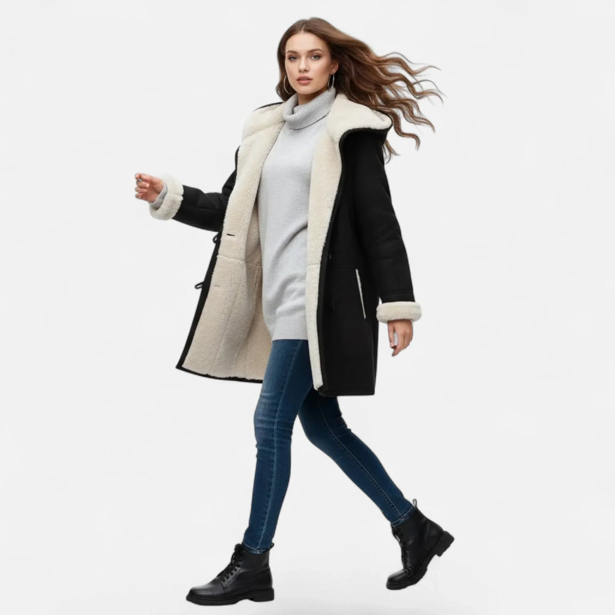 Women's Below-Knee Hooded Toggle Coat with Plush Trim, view 10