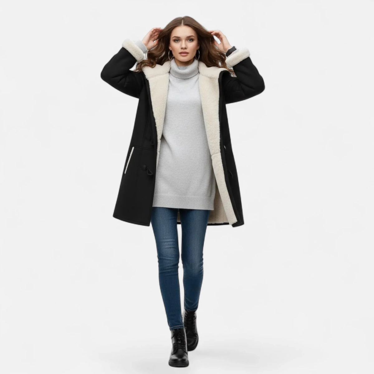 Women's Below-Knee Hooded Toggle Coat with Plush Trim, view 11