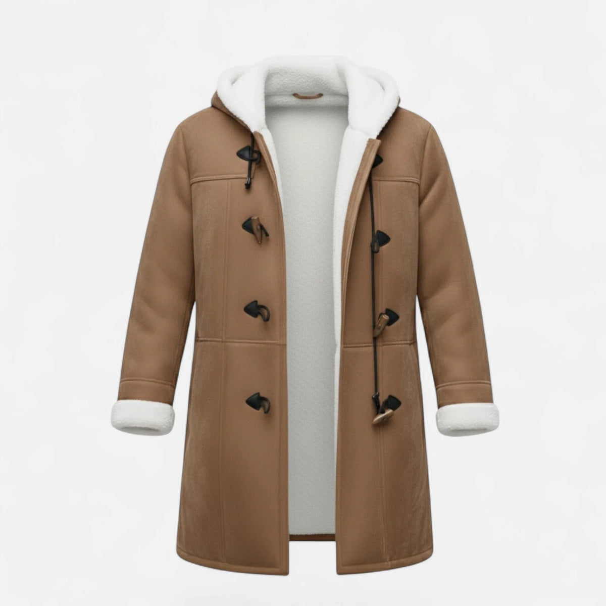 Women's Below-Knee Hooded Toggle Coat with Plush Trim in Brown