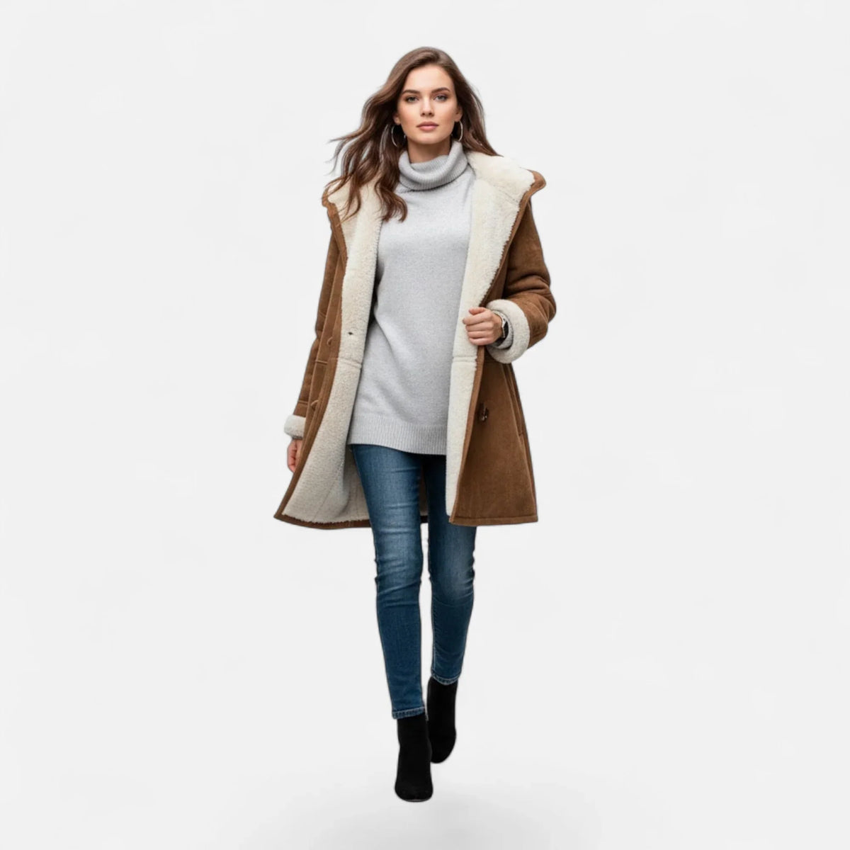 Women's Below-Knee Hooded Toggle Coat with Plush Trim, view 12