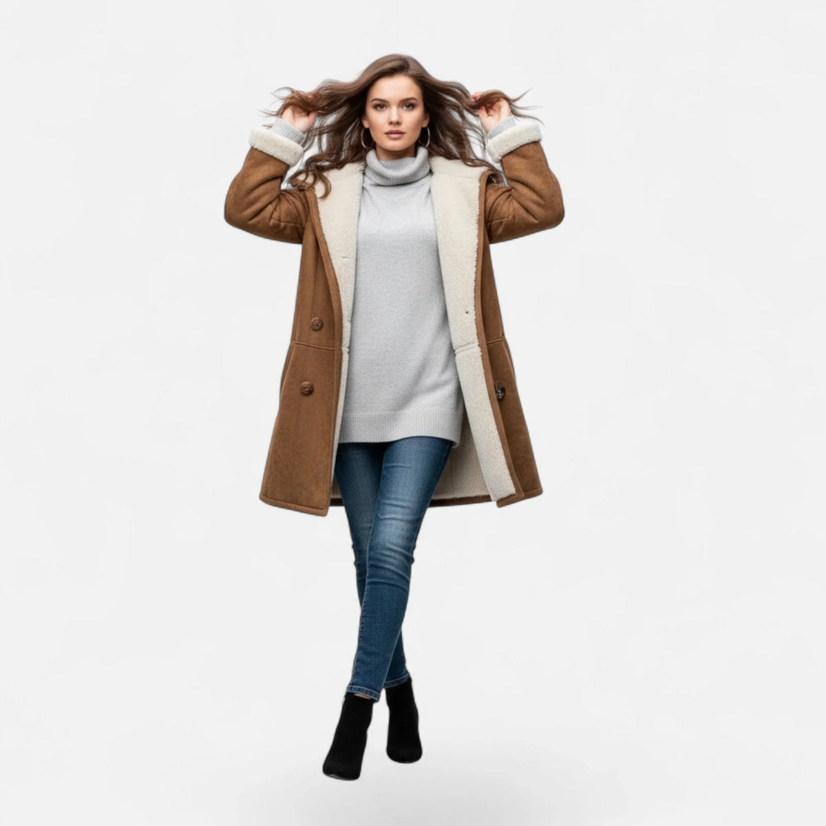 Women's Below-Knee Hooded Toggle Coat with Plush Trim, view 13