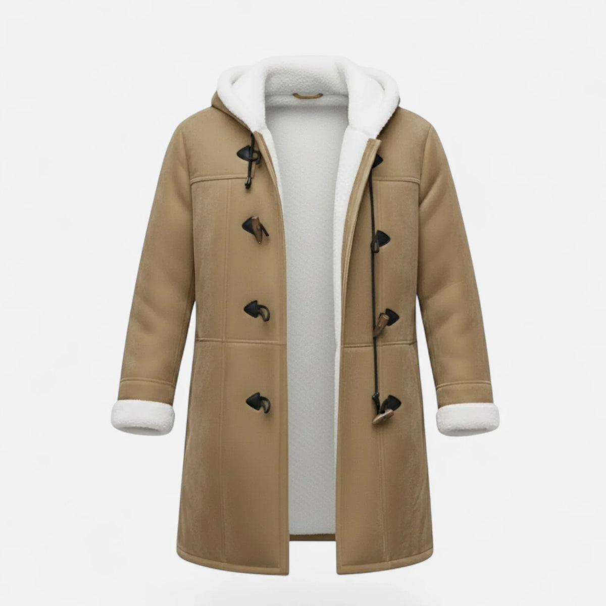 Women's Below-Knee Hooded Toggle Coat with Plush Trim in Khaki