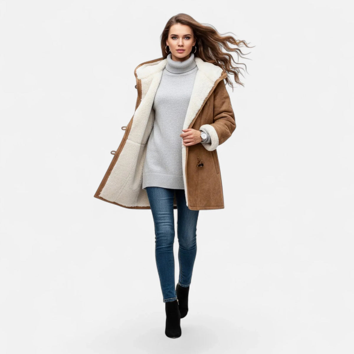 Women's Below-Knee Hooded Toggle Coat with Plush Trim, view 14