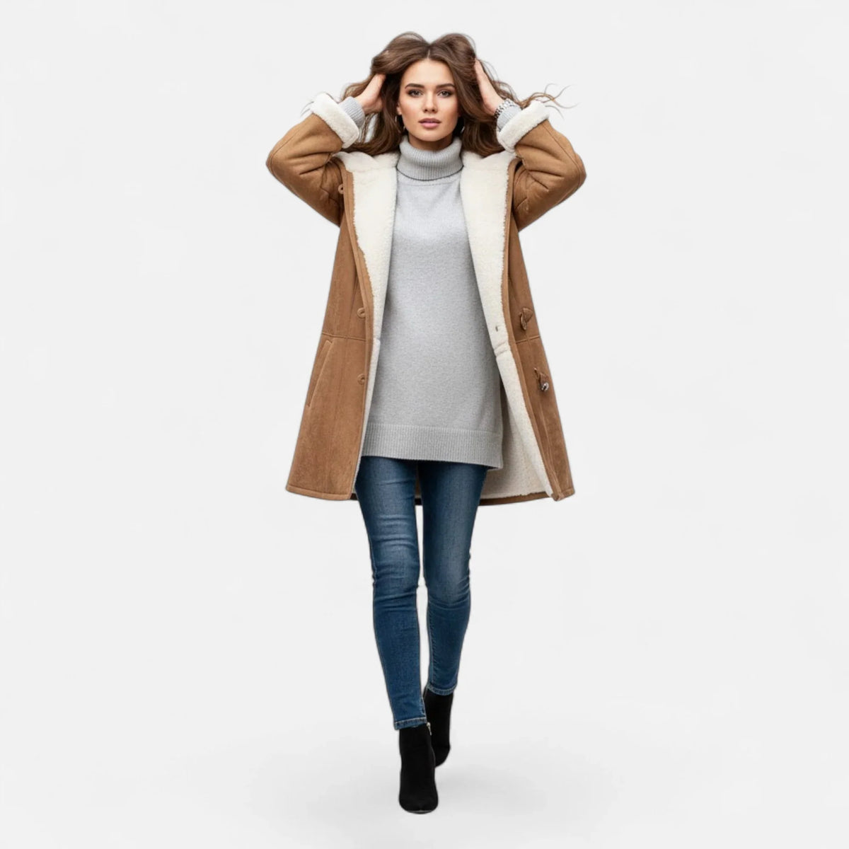 Women's Below-Knee Hooded Toggle Coat with Plush Trim, view 15