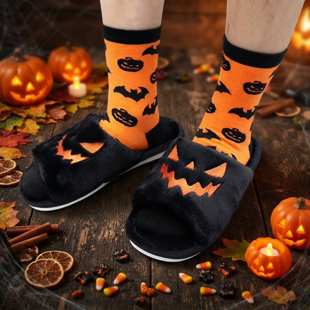 Little Boo Plush Pumpkin Halloween Slippers for Women