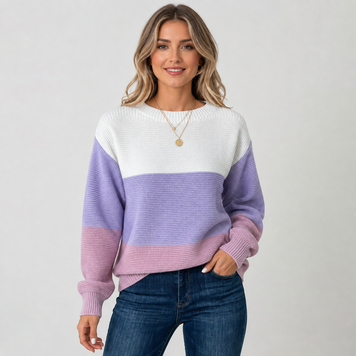 Women's Off Shoulder Sweater, Color Block Knit Pullover