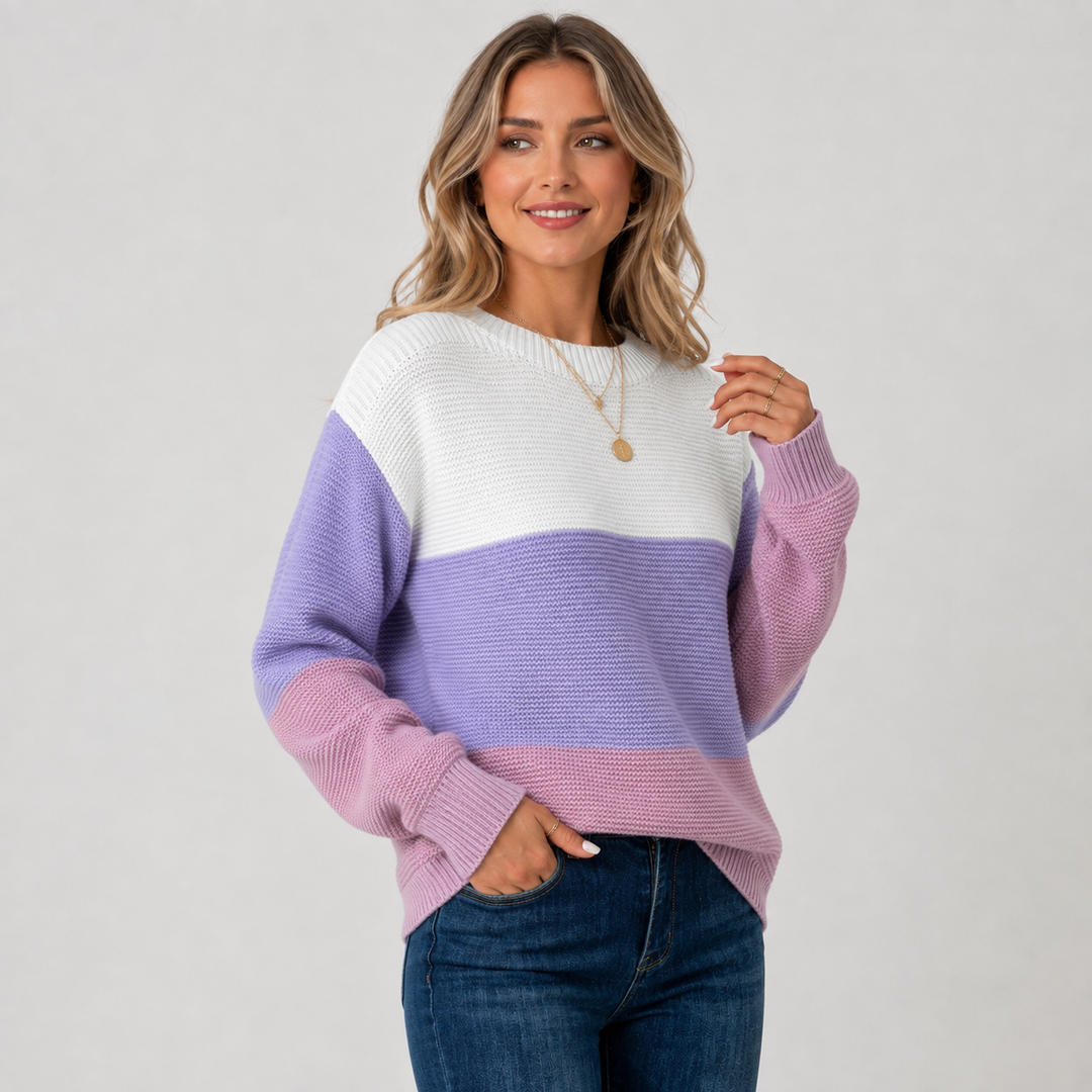 Women's Off Shoulder Sweater, Color Block Knit Pullover