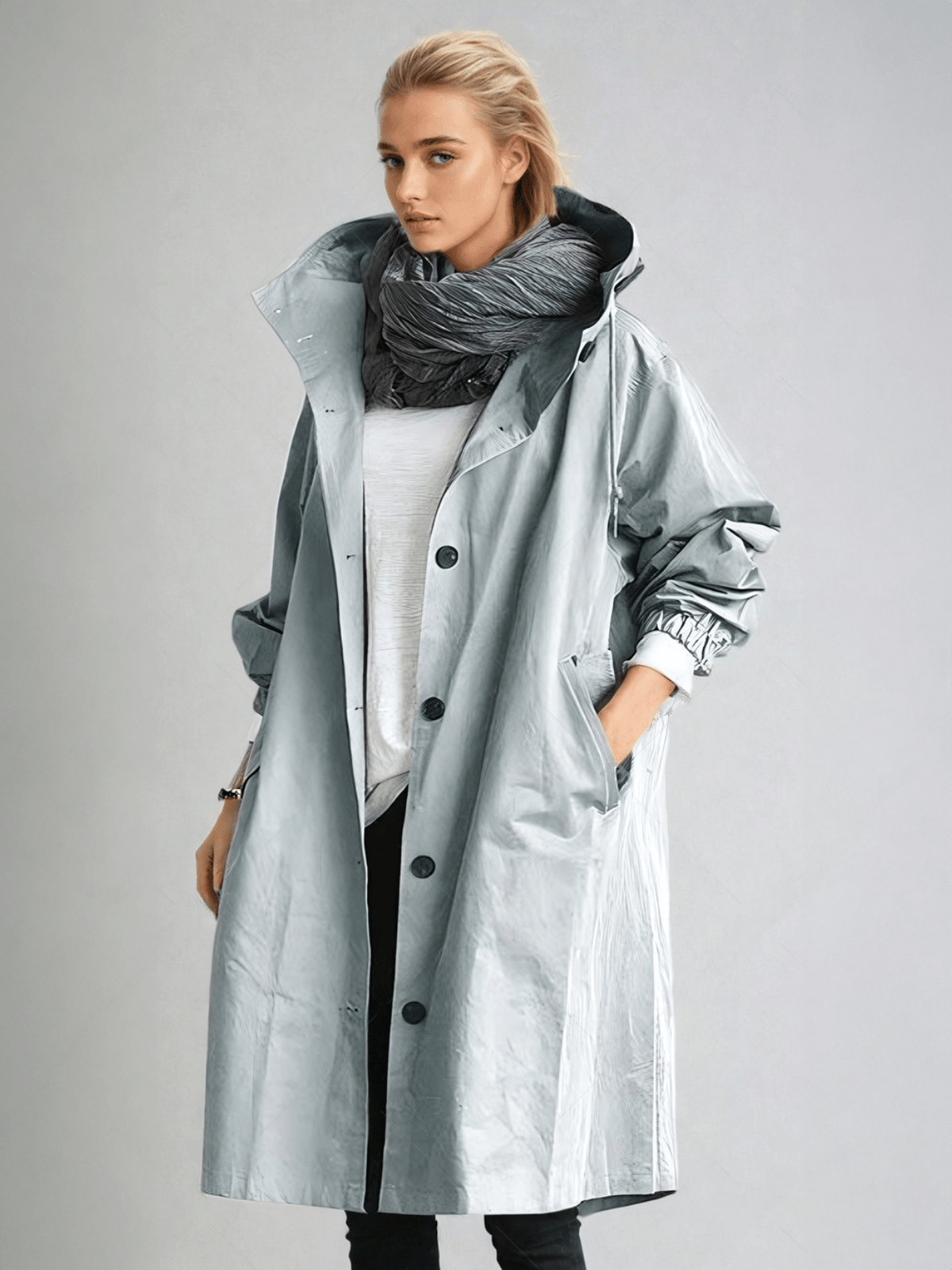 Women's Packable Lightweight Hooded Longline Jacket in Light Blue