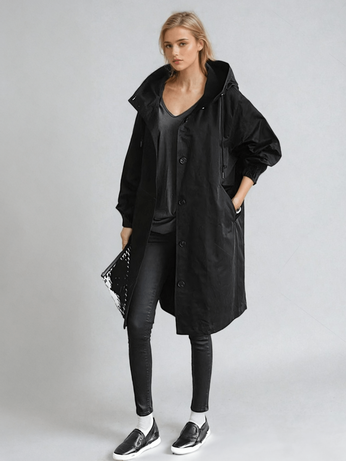 Women's Packable Lightweight Hooded Longline Jacket in Black