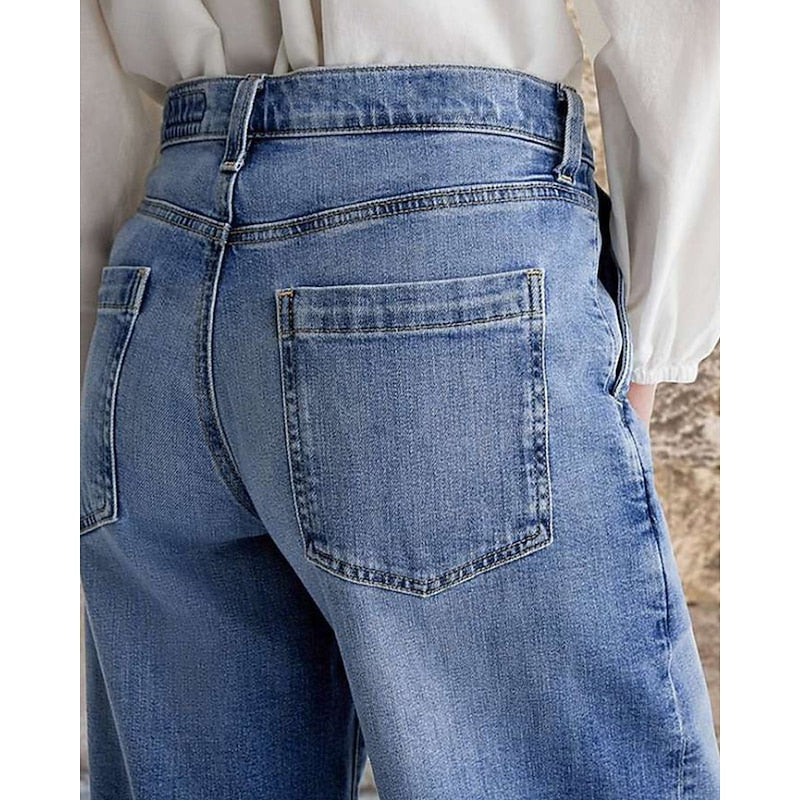 Women's Wide Leg Jeans, Relaxed Blue Denim High Waist Trousers