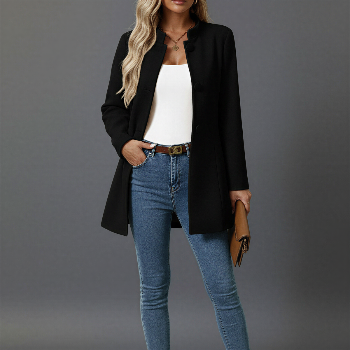 Women's Mid-Length A-Line Coat with Stand Collar in Black