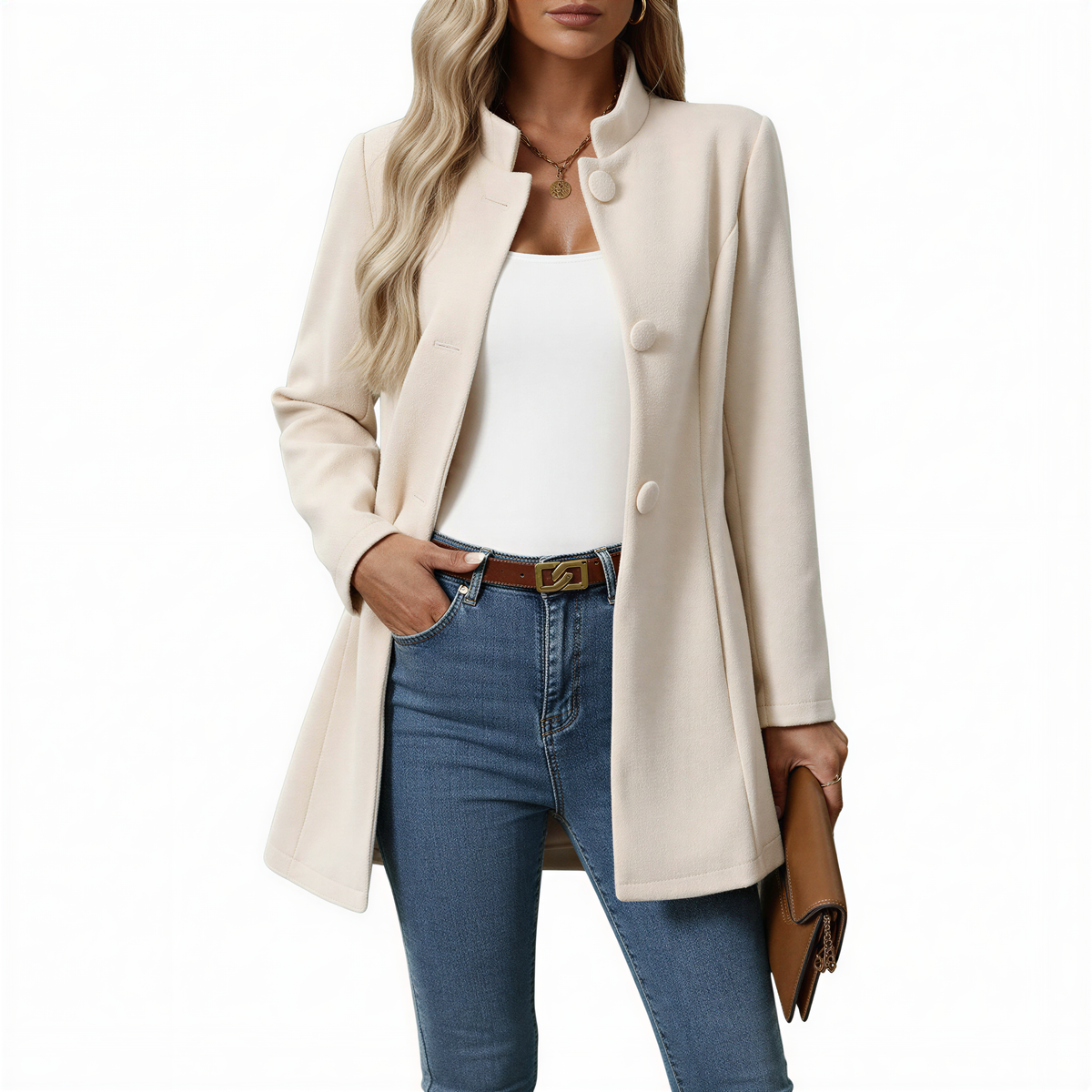 Women's Mid-Length A-Line Coat with Stand Collar in Cream