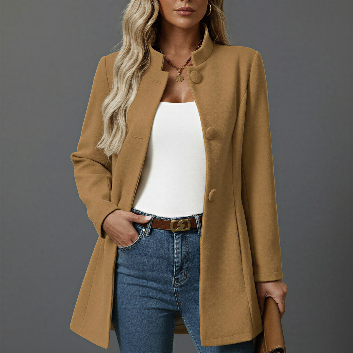 Women's Mid-Length A-Line Coat with Stand Collar in Camel