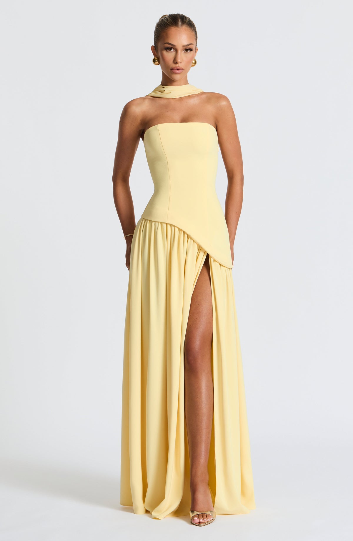 Women's Strapless Front-Slit Maxi Gown with Attached Choker in Lemon
