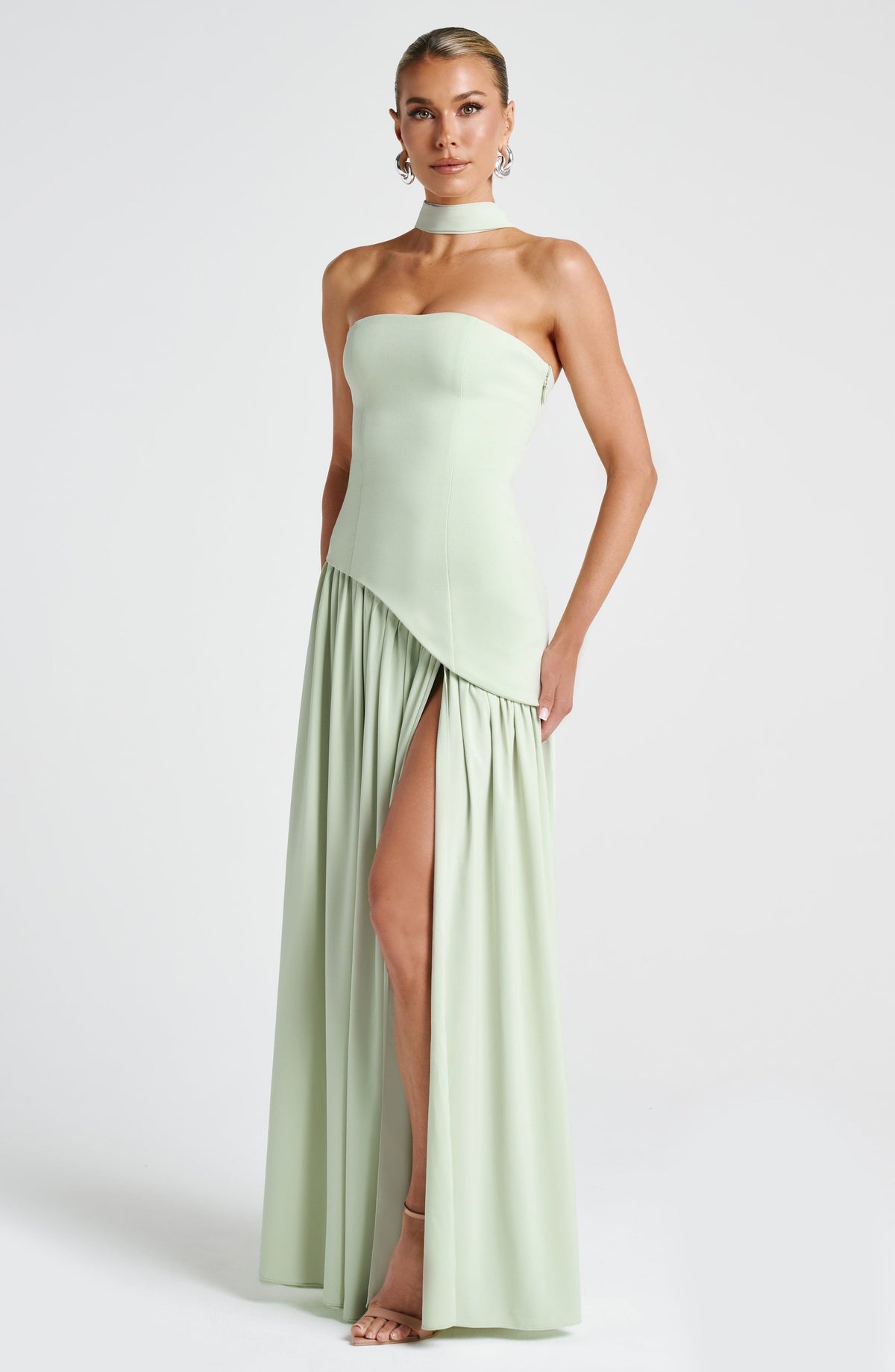Women's Strapless Front-Slit Maxi Gown with Attached Choker, view 19
