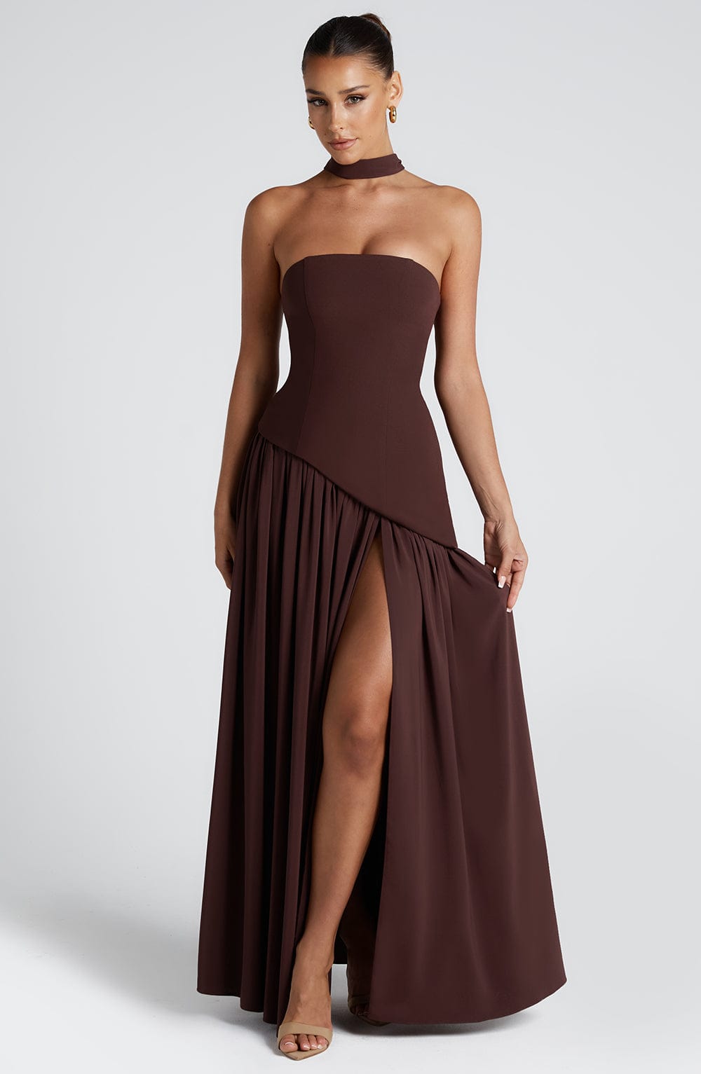 Women's Strapless Front-Slit Maxi Gown with Attached Choker, view 10