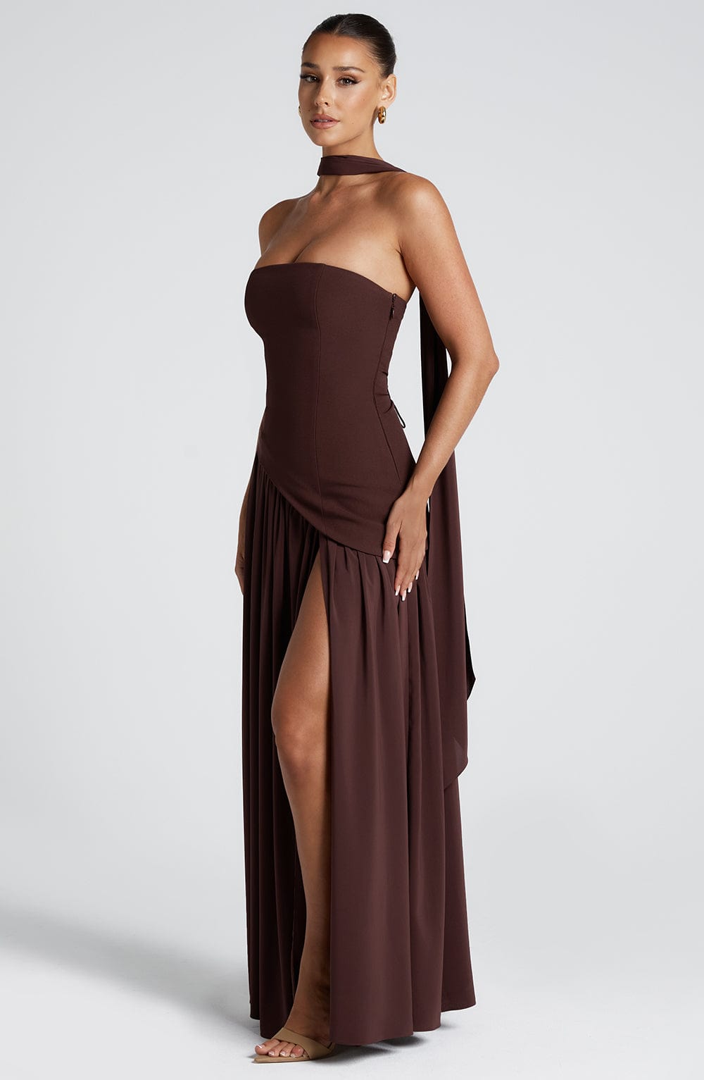Women's Strapless Front-Slit Maxi Gown with Attached Choker, view 9