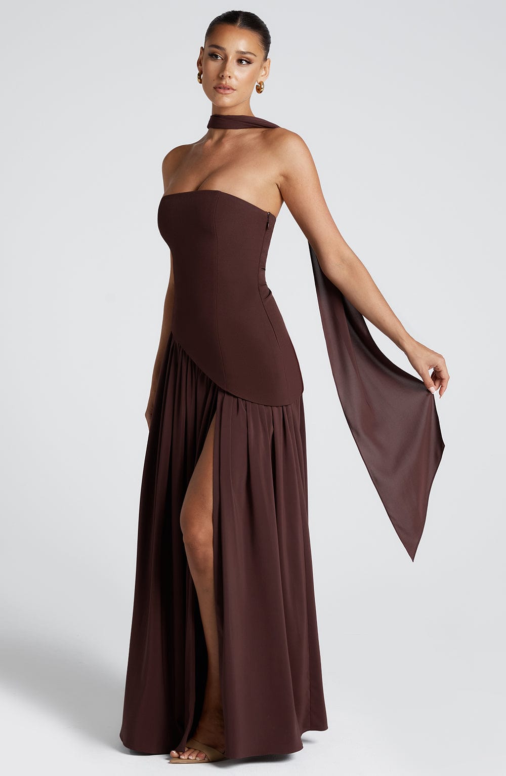 Women's Strapless Front-Slit Maxi Gown with Attached Choker, view 5