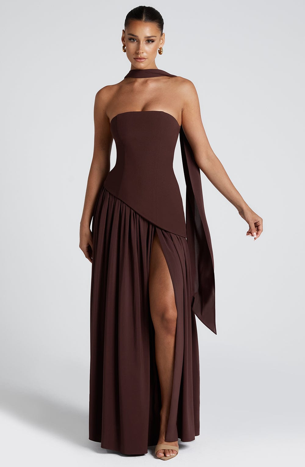 Women's Strapless Front-Slit Maxi Gown with Attached Choker in Brown