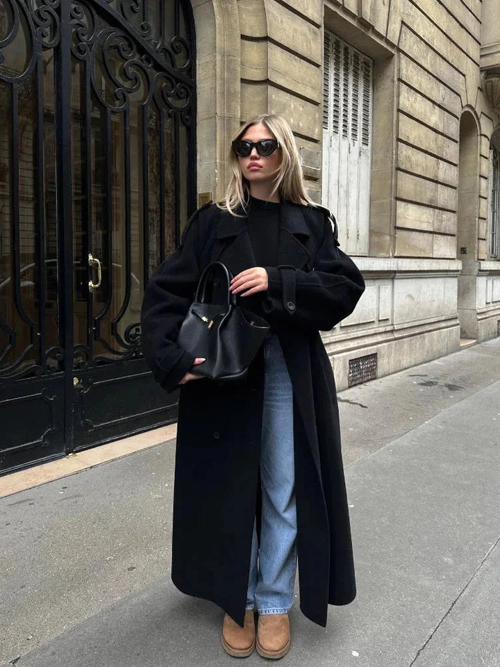 Women's Belted Trench Coat, Black Wide Lapel Longline Overcoat