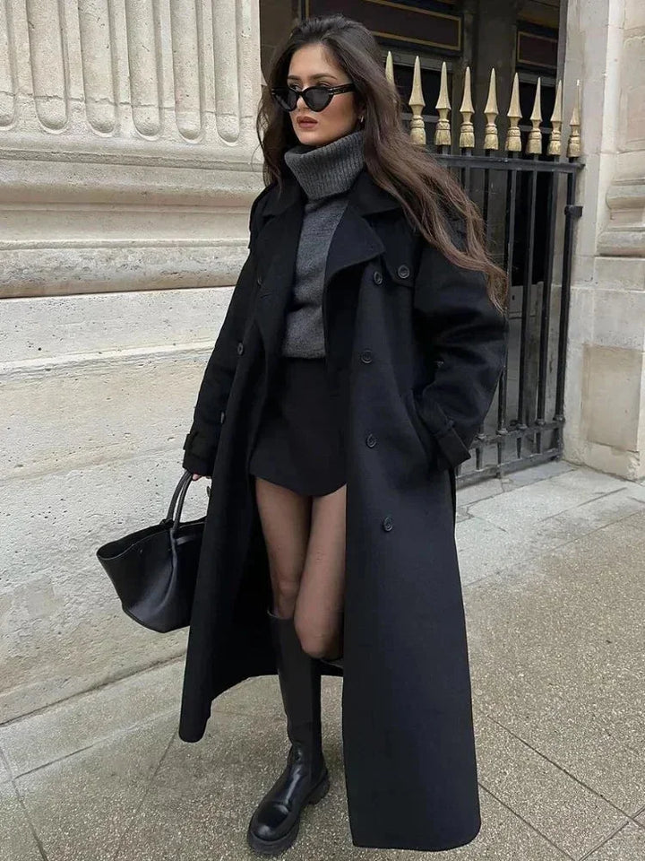 Women's Belted Trench Coat, Black Wide Lapel Longline Overcoat