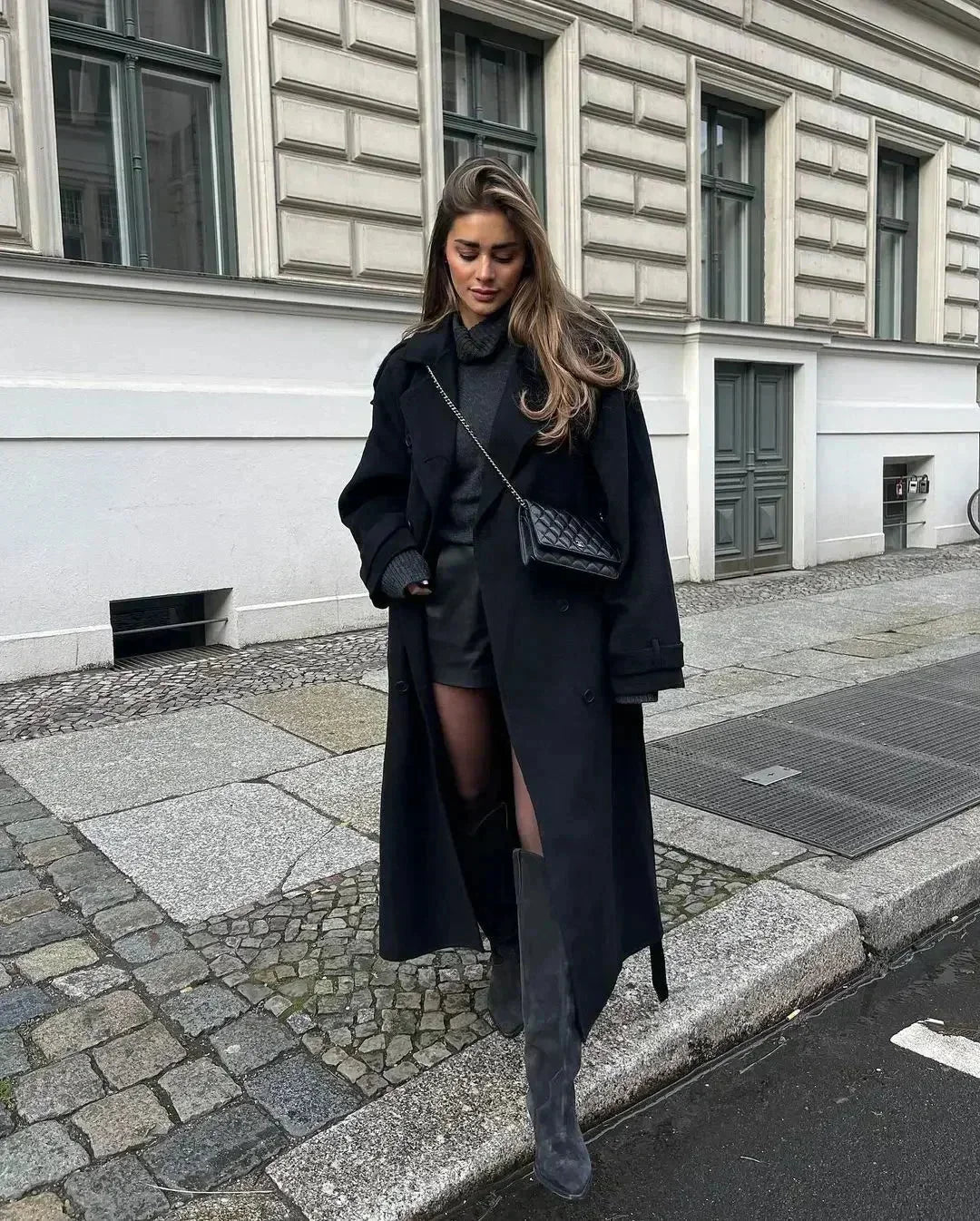 Women's Belted Trench Coat, Black Wide Lapel Longline Overcoat