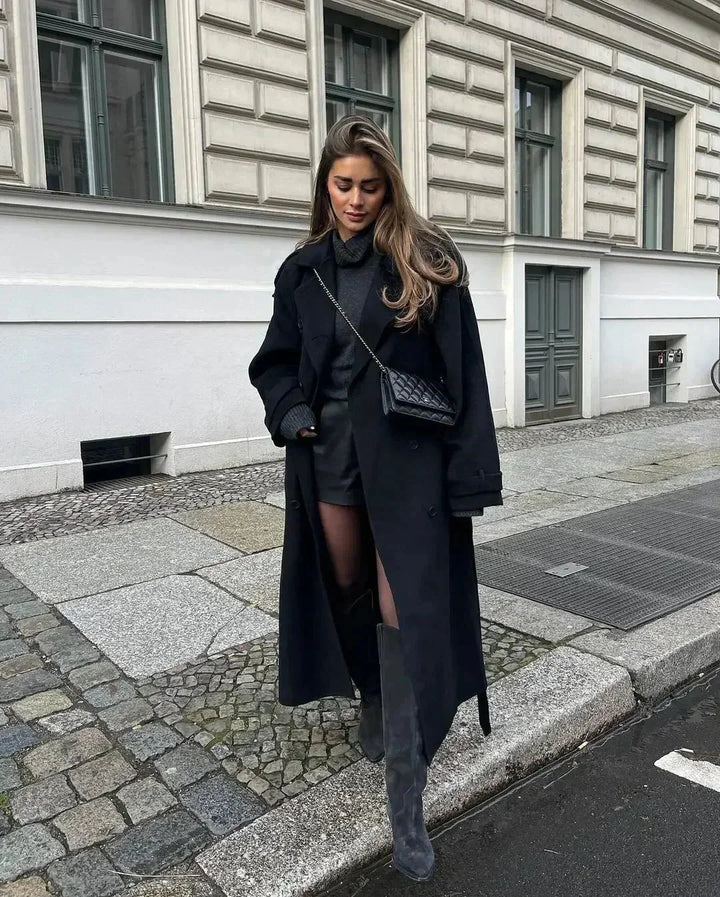 Women's Belted Trench Coat, Black Wide Lapel Longline Overcoat