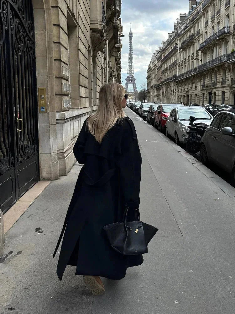 Women's Belted Trench Coat, Black Wide Lapel Longline Overcoat