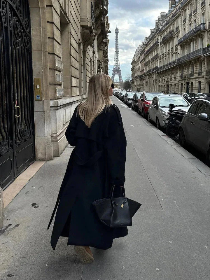 Women's Belted Trench Coat, Black Wide Lapel Longline Overcoat