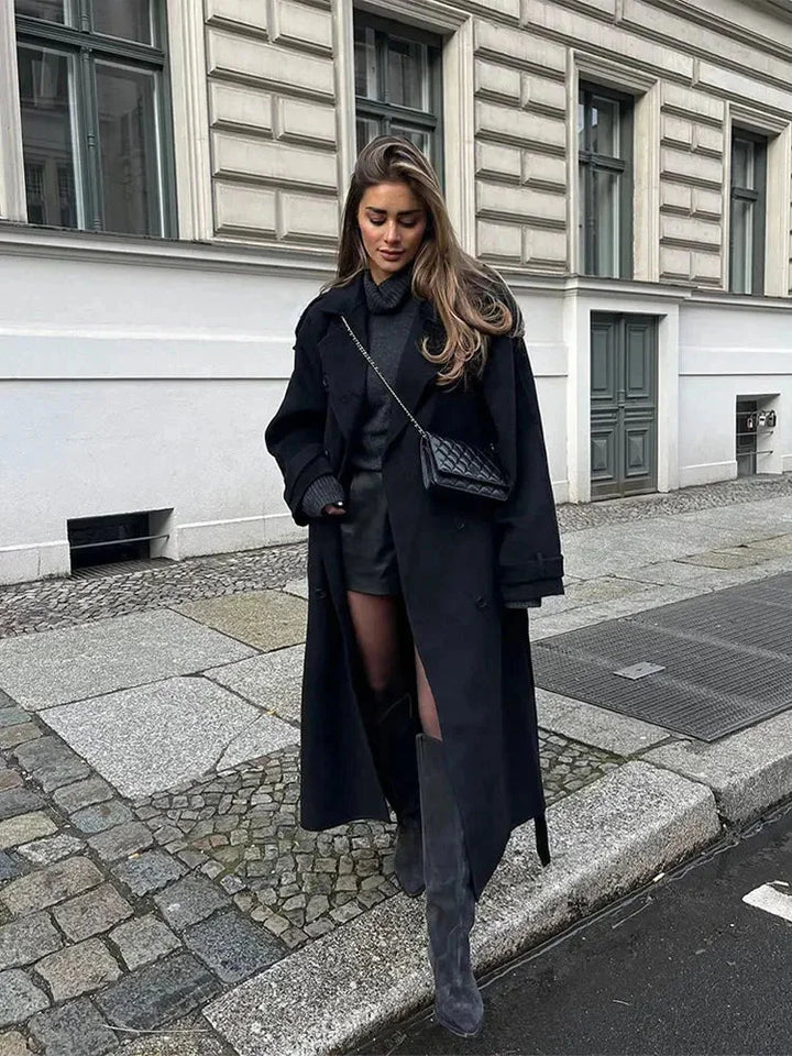 Women's Belted Trench Coat, Black Wide Lapel Longline Overcoat