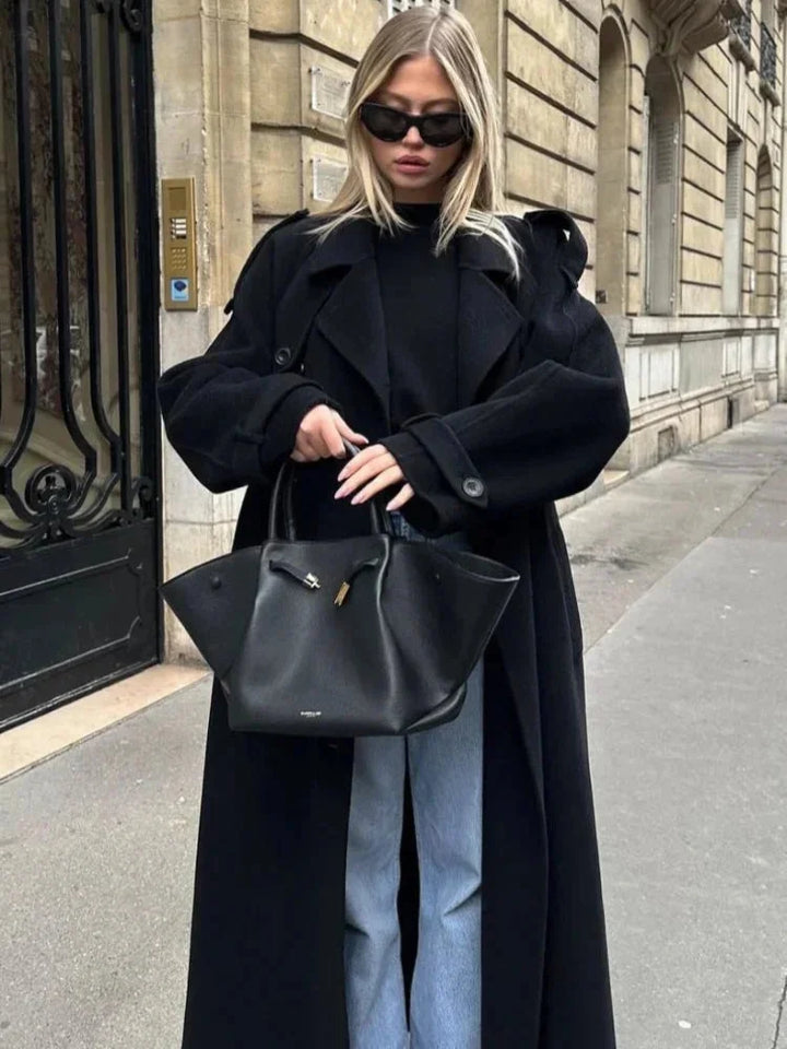 Women's Belted Trench Coat, Black Wide Lapel Longline Overcoat