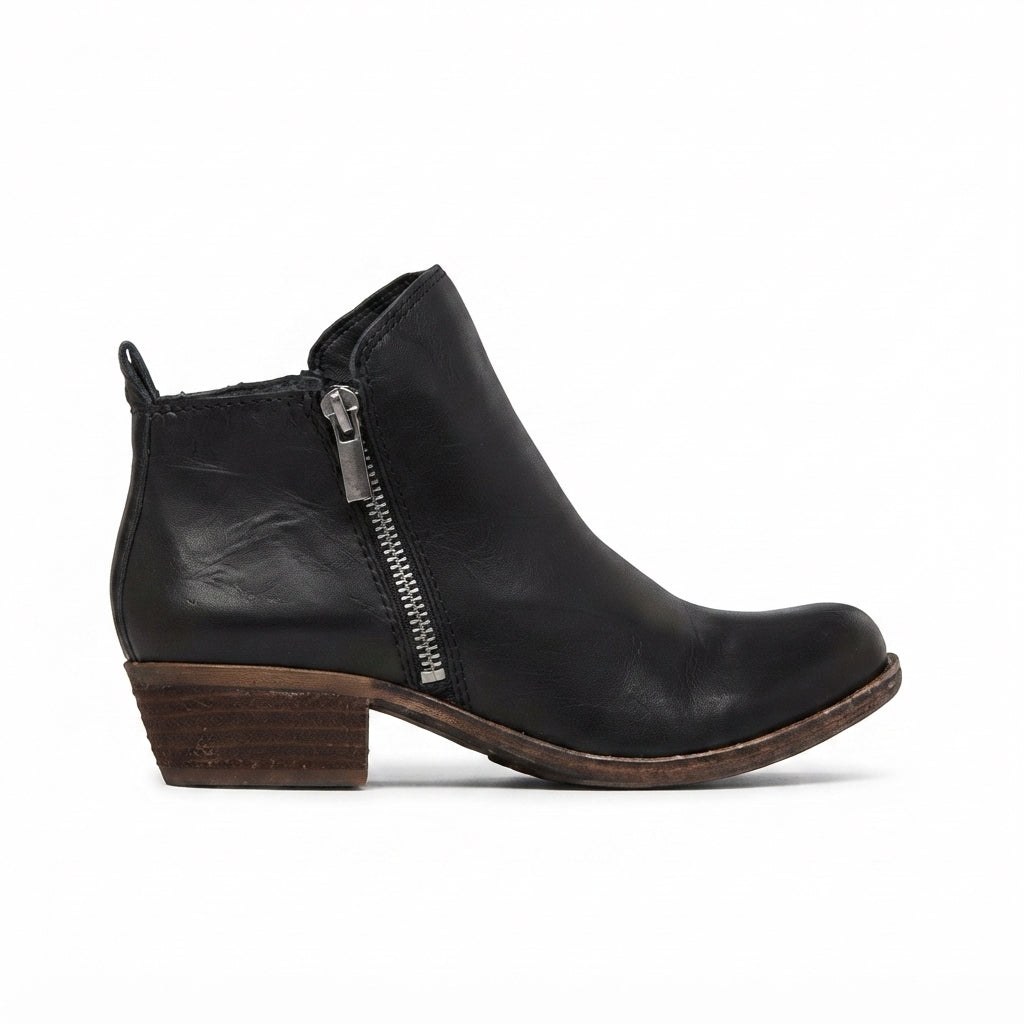 Women's Classic Faux Leather Block Heel Ankle Boots with Side Zip in Black