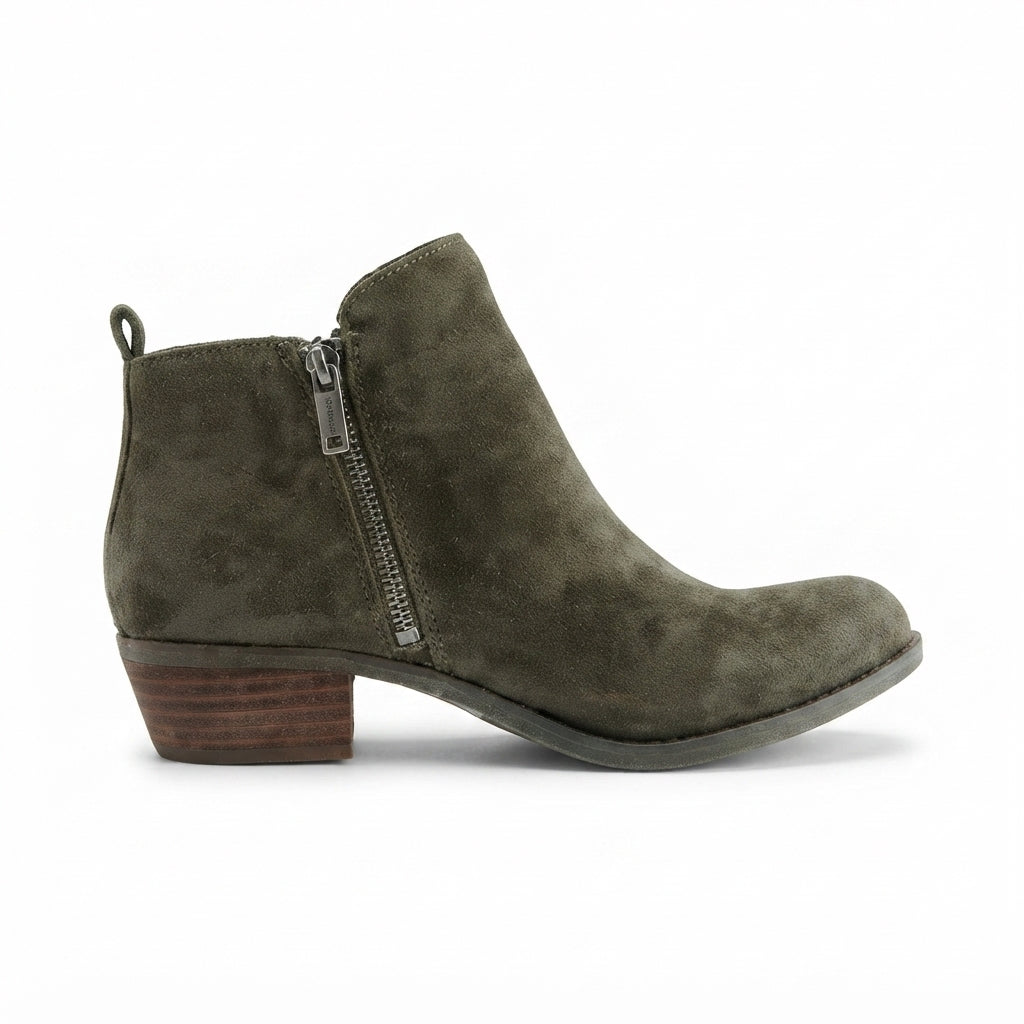 Women's Classic Faux Leather Block Heel Ankle Boots with Side Zip in Green