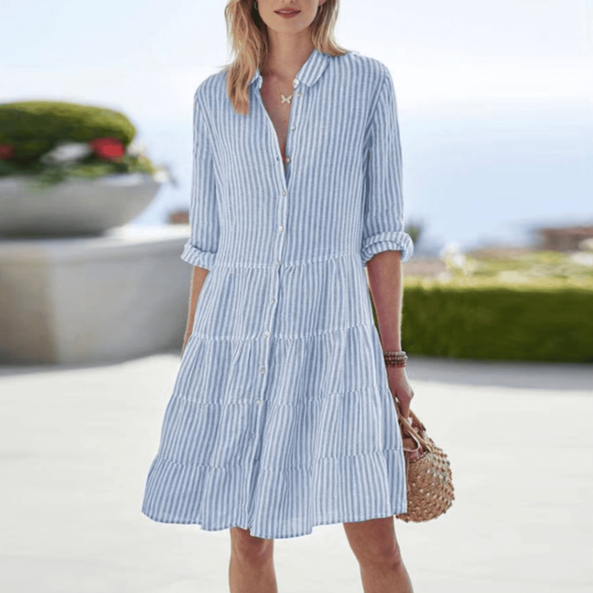 Striped Button-Front Shirt Dress with Tiered Skirt in Blue