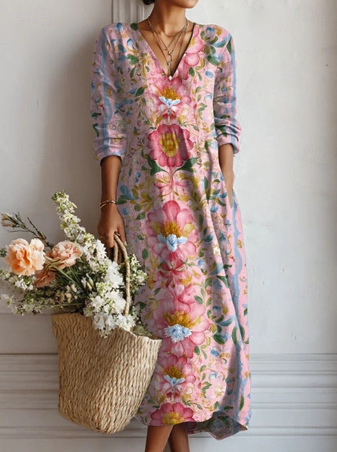 Pastel Floral Print Maxi Dress with Side Pockets in Multicolor