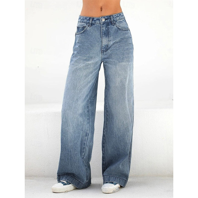 Women's Wide Leg Jeans, High Waisted Loose Fit Blue Denim