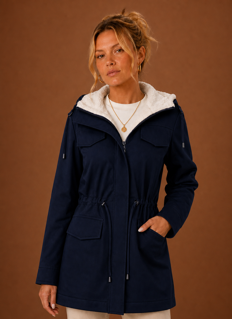 Women's Long Fleece-Lined Hooded Winter Parka in Navy