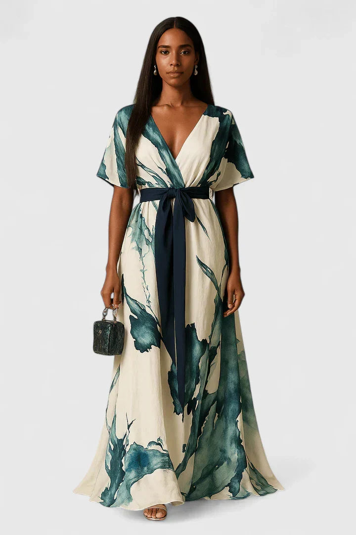 Women's Green Watercolor Print V-Neck Belted Midi Dress, view 5