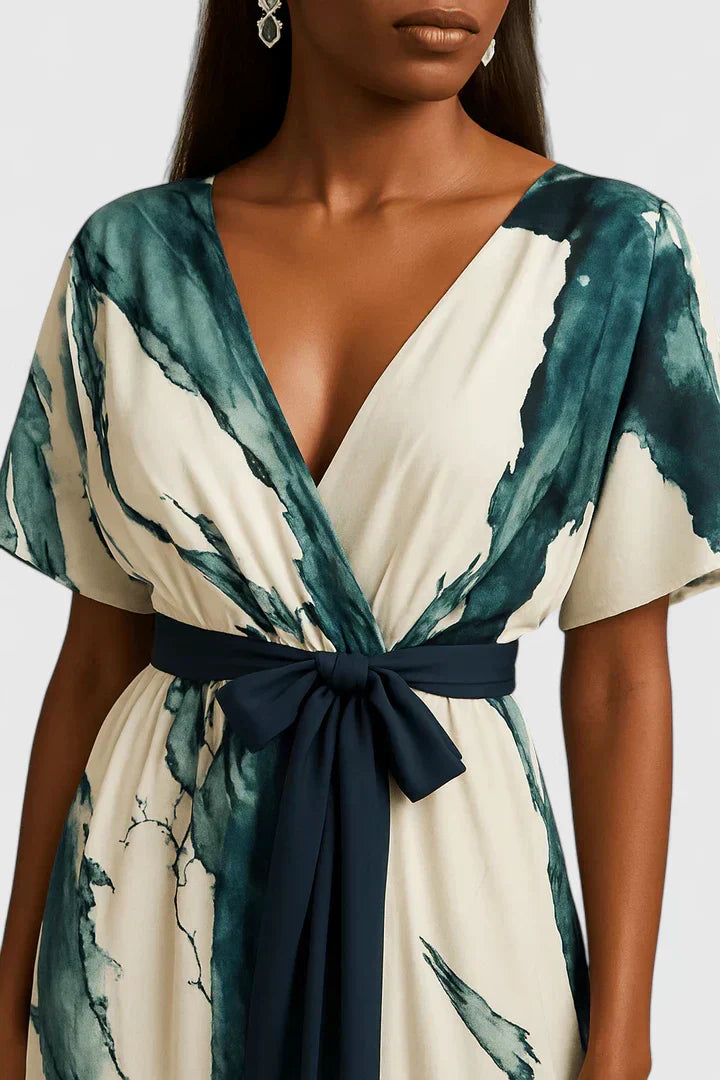 Women's Green Watercolor Print V-Neck Belted Midi Dress