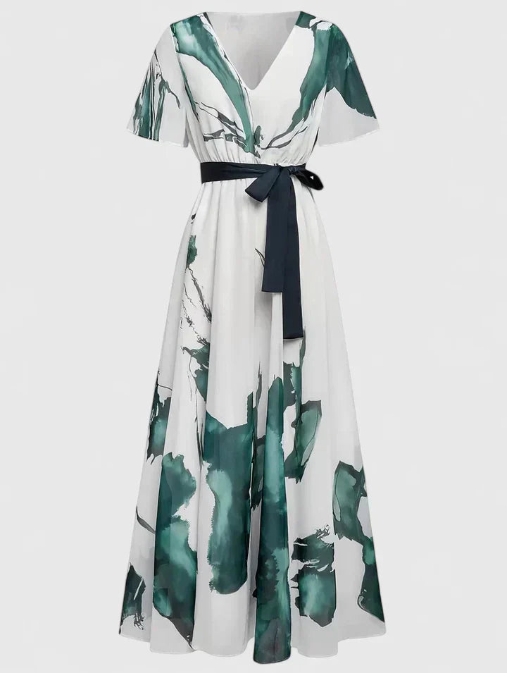 Women's Green Watercolor Print V-Neck Belted Midi Dress, view 2