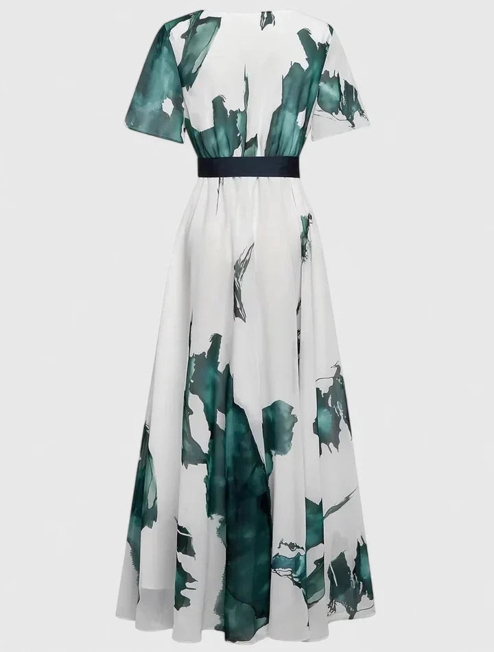 Women's Green Watercolor Print V-Neck Belted Midi Dress, view 3