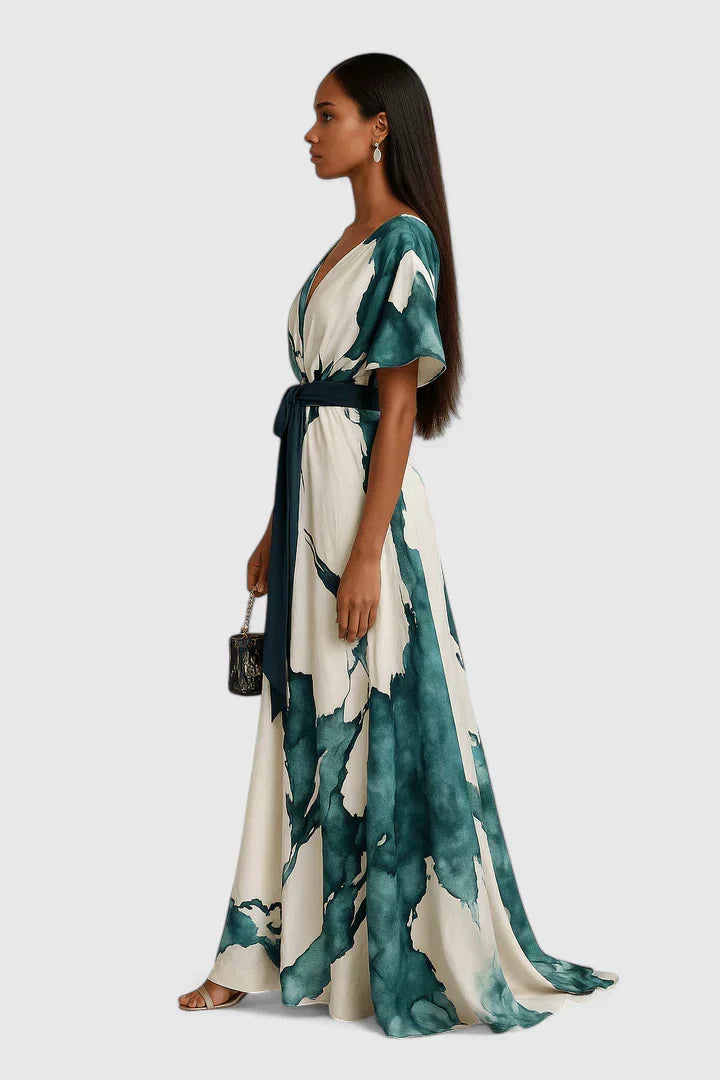 Women's Green Watercolor Print V-Neck Belted Midi Dress, view 4