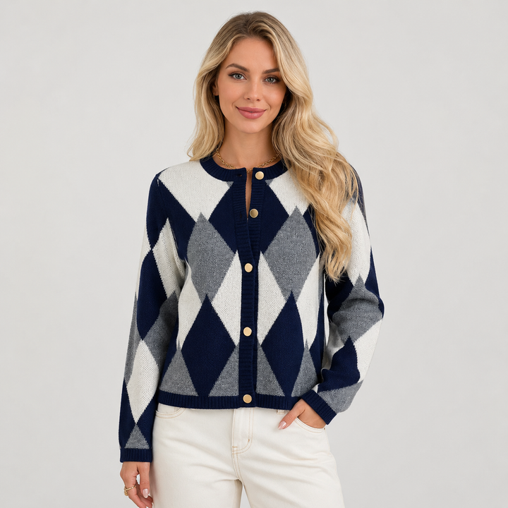 Women's Argyle Cardigan, Crew Neck Button Front Knit Sweater