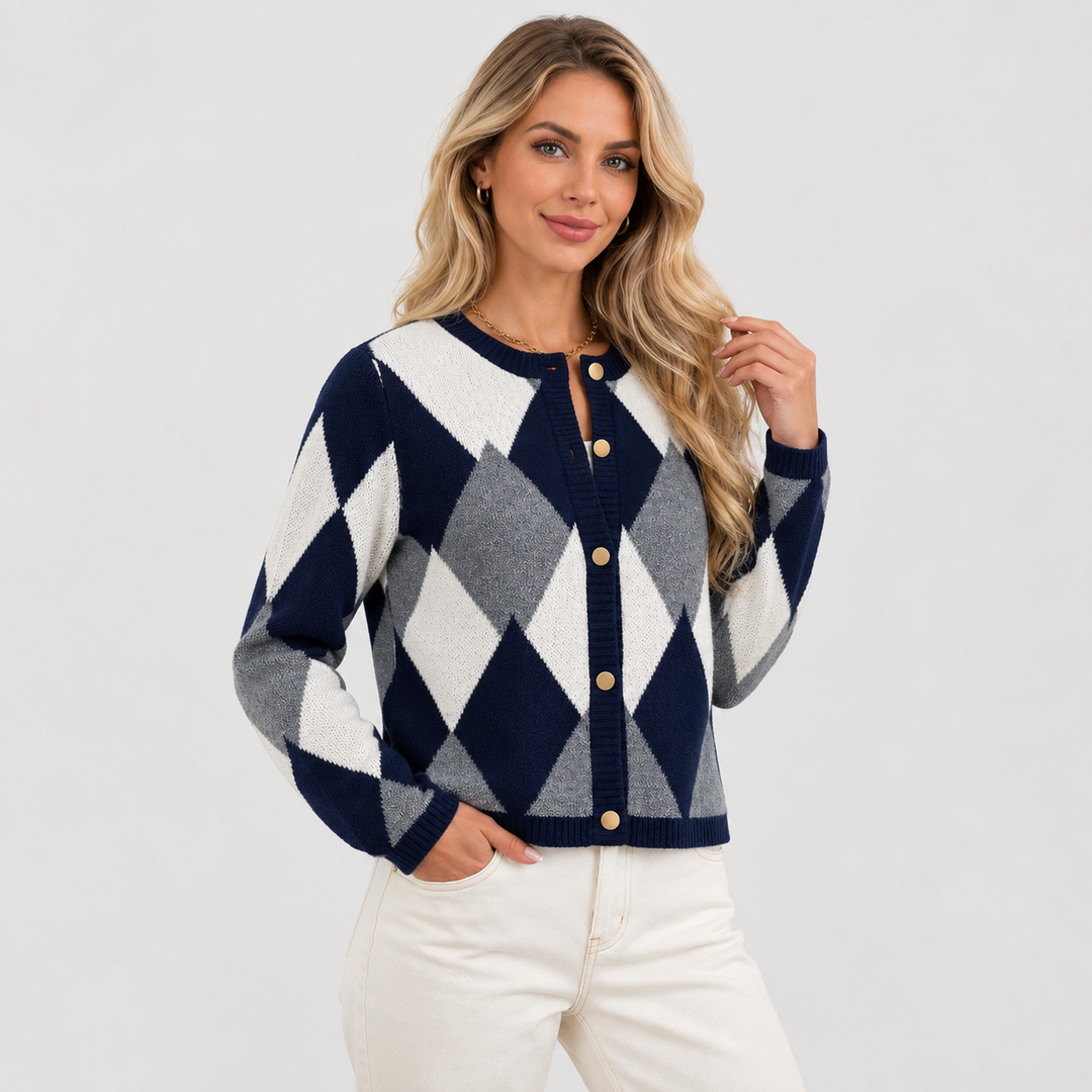 Women's Argyle Cardigan, Crew Neck Button Front Knit Sweater