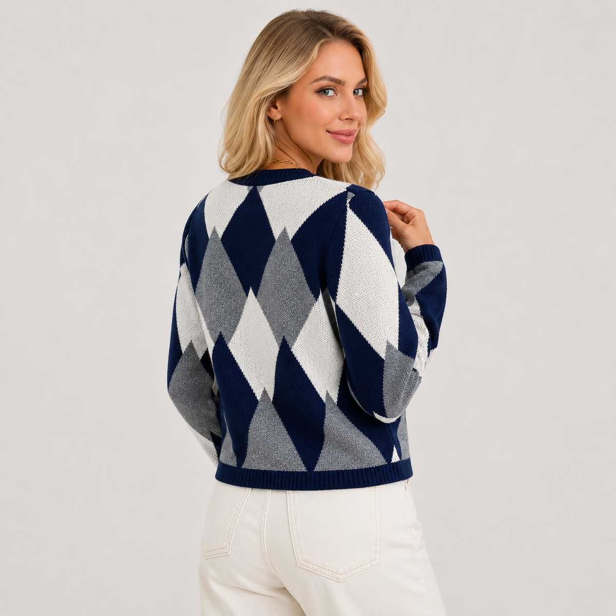 Women's Argyle Crew Neck Button-Front Cardigan, view 8