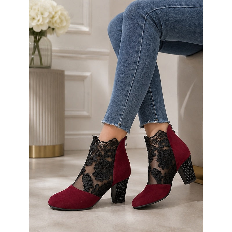 Women's Floral Lace Block Heel Ankle Boots